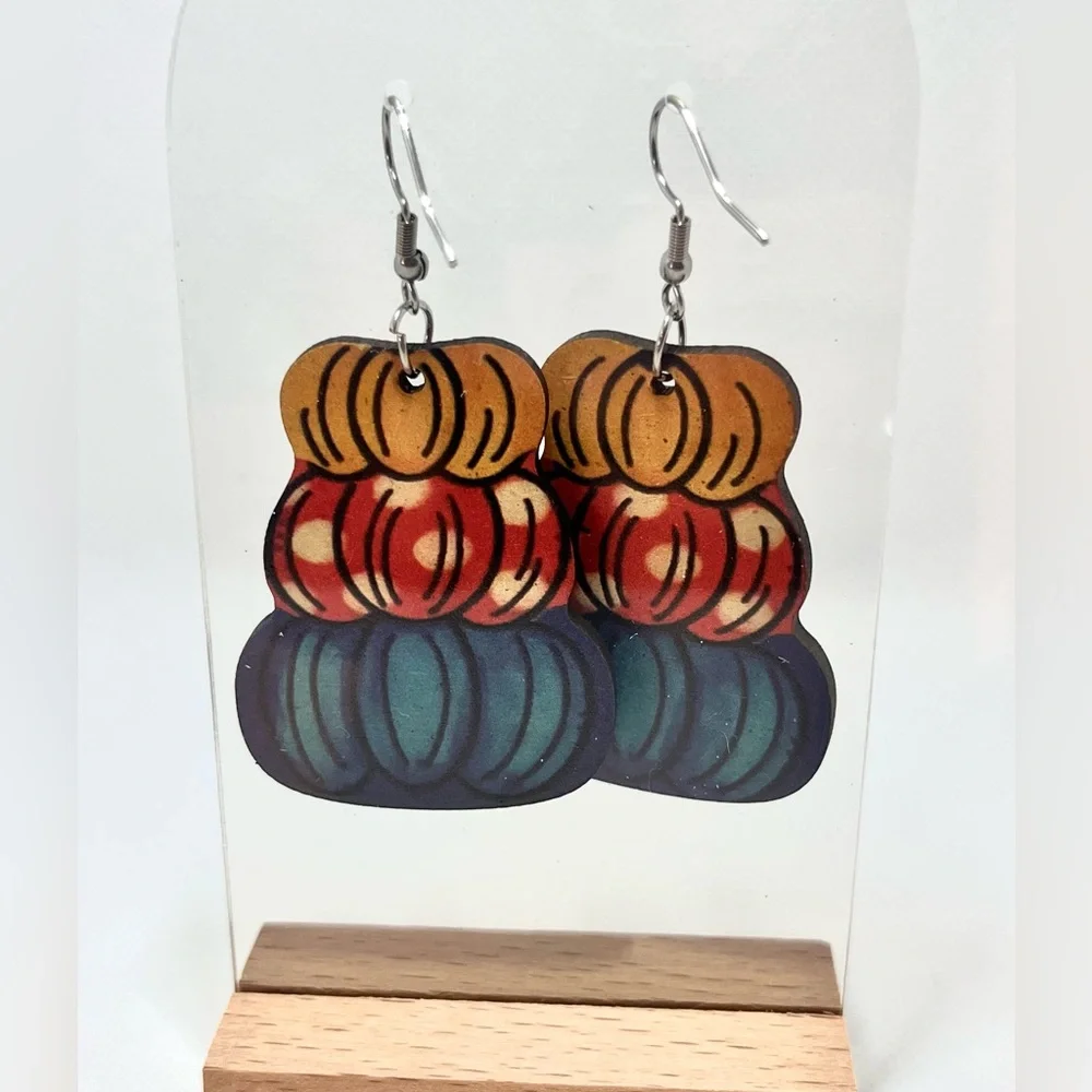 NWT Pumpkin Stack Drop & Dangle Earrings Lightweight Wood Fall Autumn Halloween - Picture 3 of 8